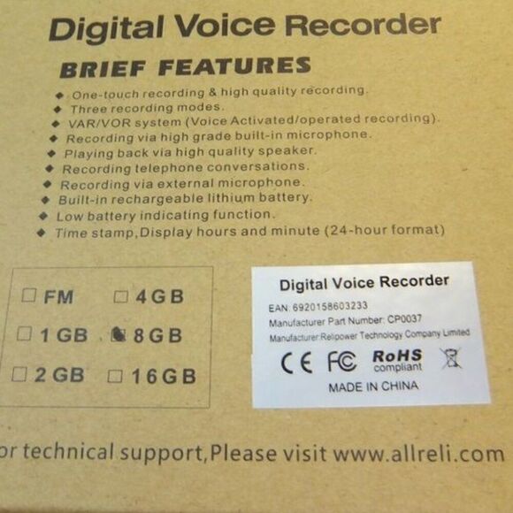 EUC aLLreli CP0037 Rechargeable Spy 8GB 1165Hr Digital Audio Voice Recorder - Picture 14 of 14